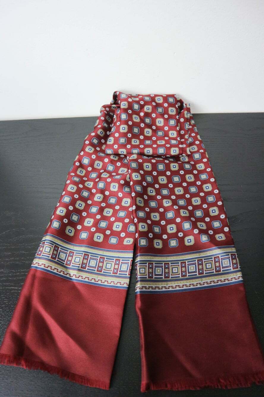 Vintage Burgundy Red Silk Scarf Geometric Square Pattern with Fringe